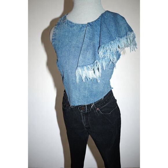 Zara Trafaluc Denimwear Frayed Ruffle Denim Crop Top XS Cotton Fringe Western - Picture 6 of 10